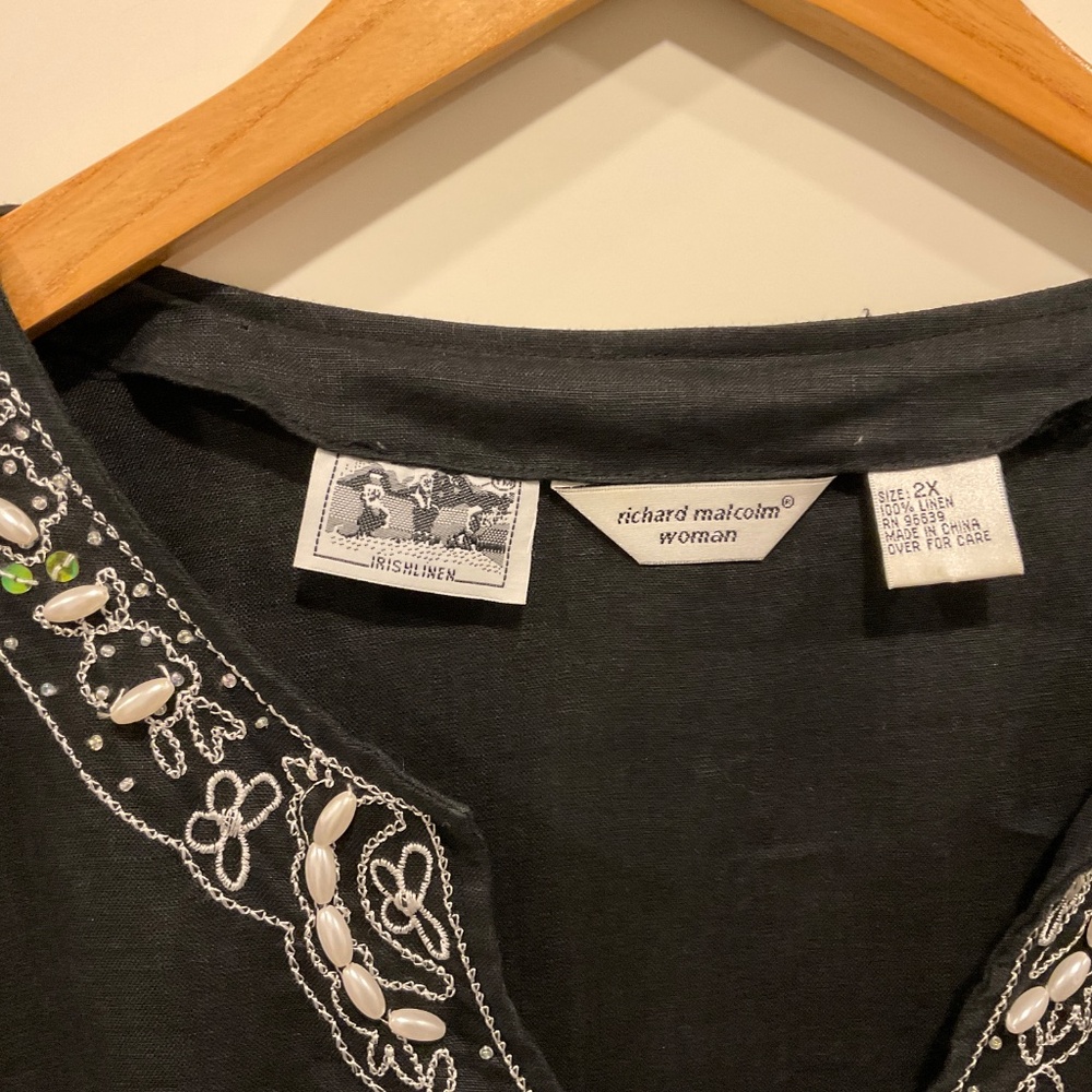 Richard Malcom Irish Linen Black Embellished Top 100% Linen Size 2X - Picture 5 of 11